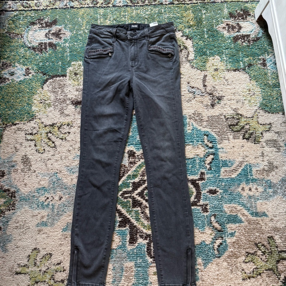 Black Paige skinny jeans with Aztec pocket detailing - Picture 2 of 8